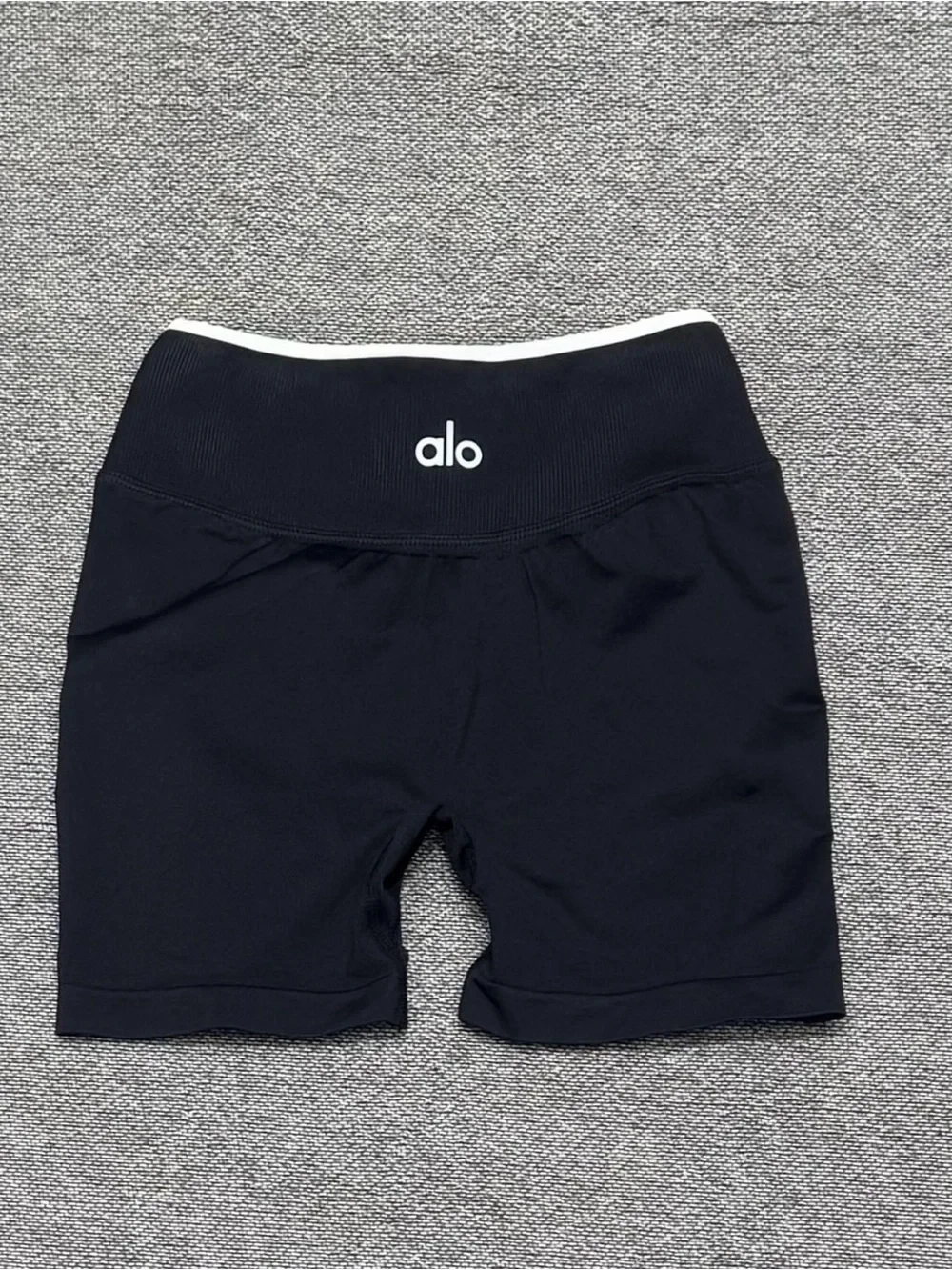 ALO Yoga Black and White Ribbed Bike Shorts and Bralette Set